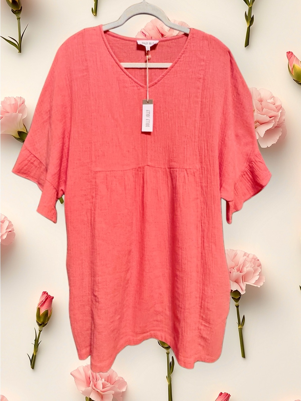 Dolly Jolly NWT Women's Coral V-Neck Mini Dress - Relaxed Fit size Small